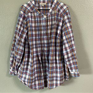 Woman Within Button Down Shirt Top Plus Size 30/32 Plaid Long Sleeve 3X
